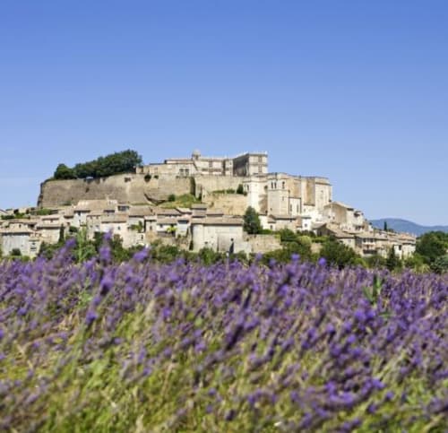 Vue sur le château de Grignan en été avec les lavandes