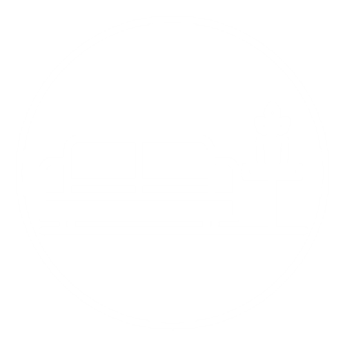 White logo with a sofa, a table and a plant in a circle