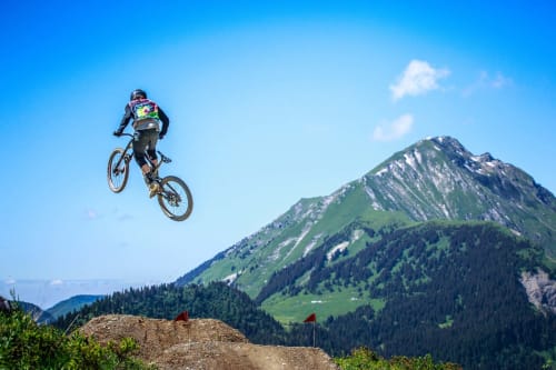 Mountain bike, bike park, peak of Mont-de-Grange, summer, alpine landcape.