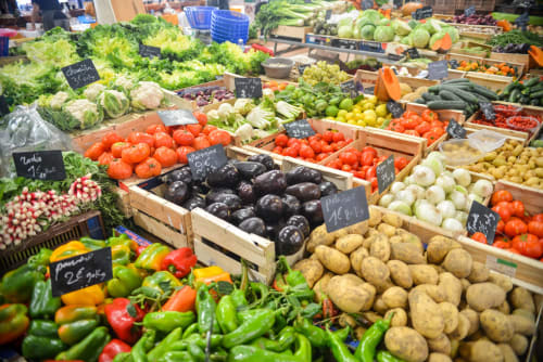 Vegetable stalls in a market