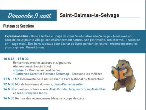 Calendrier des événements du festival Saint-Dalmas-le-Selvage : rencontres d'auteurs, découvertes nature et activités de contes