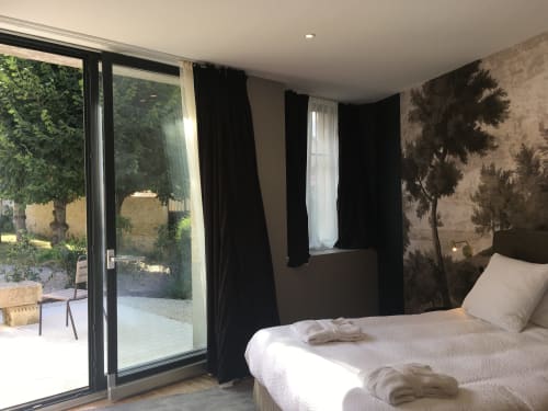Superior double bed bedroom at Le château d'Hermonville with garden view, private terrace, black curtains and nature