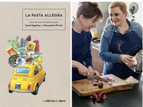 Couverture du livre de cuisine La Pasta Allegra montrant deux femmes préparant des pâtes italiennes dans une cuisine à Port-en-Bessin