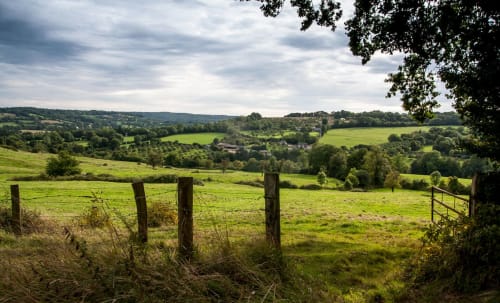 Paisaje rural con campos verdes ondulantes cerca de Houlgate, Francia con portones de madera