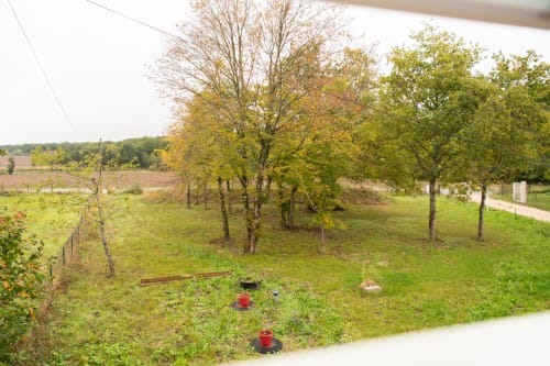 Paysage rural français en automne avec arbres colorés et champs verdoyants aux gîtes des châteaux à Vallières-les-Grandes