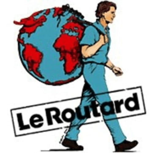 Man carrying globe labeled LeRoutard, representing Les Sables-d'Olonne travel guide