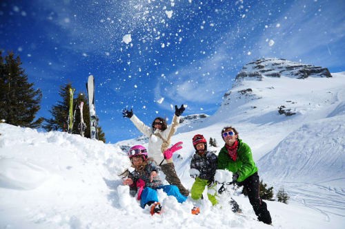Family holidays in the snow, winter, mountain, firs.