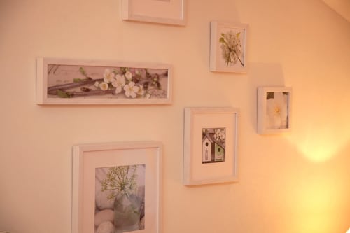 bedroom wall with framed botanical prints and pressed flowers at Logis De La Bénétière, Treize-Vents