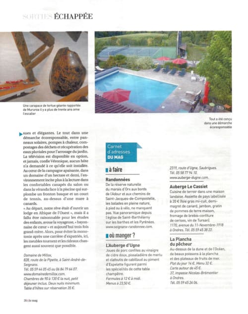 Magazine. Domaine de Millox. Bed and Breakfast. Basque Country. Landes.