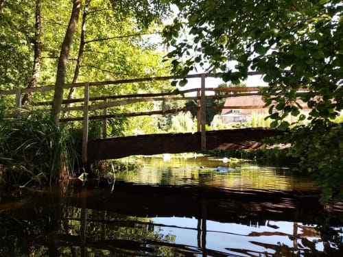 pont au dessus des étangs de Traînefeuilles bucolique, reflet dans l'eau dans le parc 