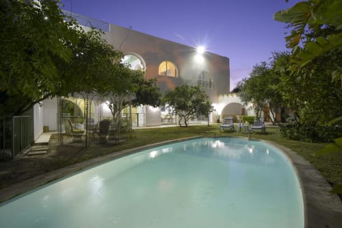 The swimming-pool at dusk