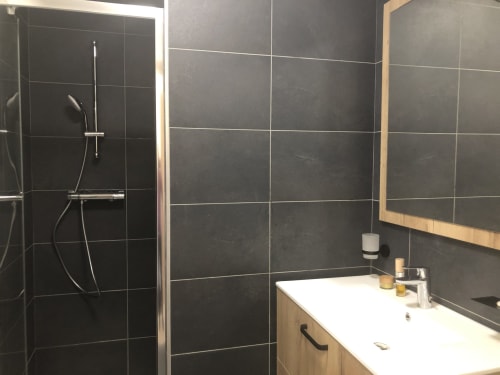 Modern bathroom with black tiles, wooden vanity, white sink, and walk-in shower at Le Champenois apartment, Hermonville