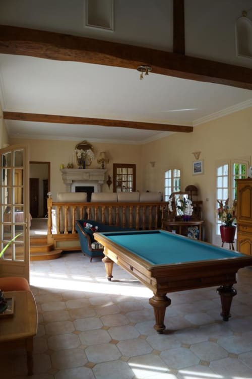 grande pièce à vivre avec cheminée et billard - le relais de dalibray