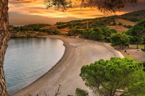 Petite crique de sable à Banyuls-sur-Mer au coucher du soleil : eau turquoise, pins et ciel doré