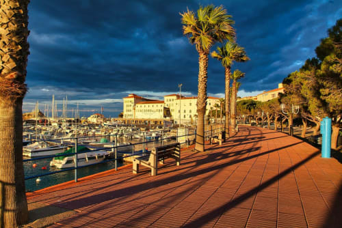 Promenade au bord de mer à Banyuls-sur-Mer avec palmiers, bateaux et architecture méditerranéenne au coucher du soleil