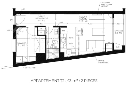Plan T2 de 43m², 2 pièces à Banyuls-sur-Mer avec chambre, cuisine, séjour et terrasse