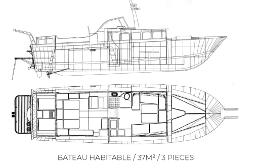 Plan du bateau d'habitation de 37m² avec 3 chambres, gîte Banyuls-sur-Mer