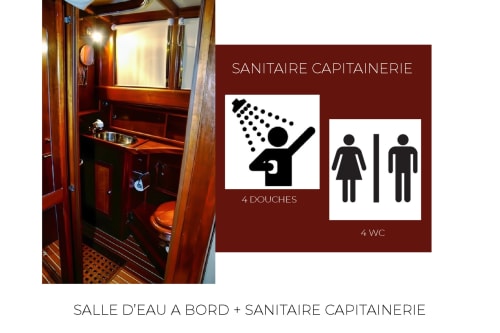 Salle de bain en bois luxueuse avec douche et toilettes dans l'hébergement B&B de Banyuls-sur-Mer