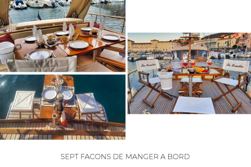Expériences culinaires en yacht à Banyuls-sur-Mer avec élégants repas en bateau, mise en table raffinée et vues sur le port