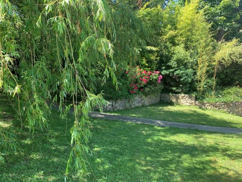 Jardin luxuriant nature au vert respirer comptempler profiter se détendre espace hamac transat chaise longue arbres fleurs oiseaux  parc france evry essonne