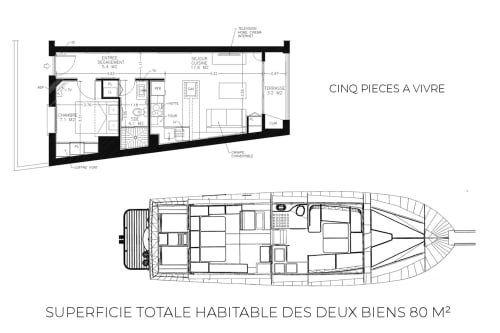 Floor plan layouts for 5-room 80m² vacation rental in Banyuls-sur-Mer with apartment and boat designs