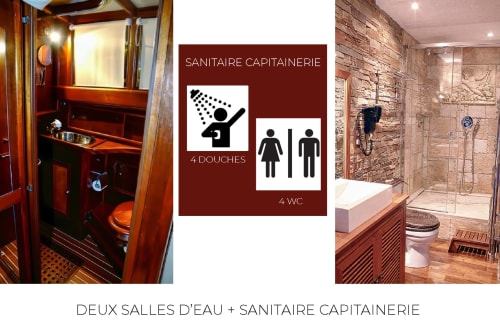 Banyuls B&B bathroom facilities: dual showers, 4 toilets, and captain's cabin bathroom with wood finishes