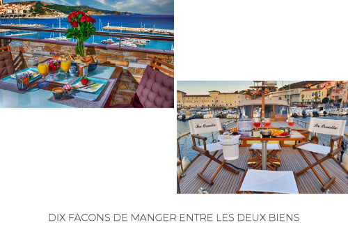 Seaside dining at Banyuls-sur-Mer: elegant terrace with coastal views, fresh meals, wooden furniture overlooking
