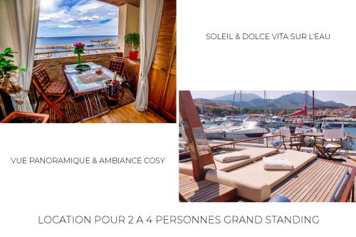 Luxury waterfront accommodation in Banyuls-sur-Mer with panoramic harbor views, cozy seating, and sun deck for 2-4 guests