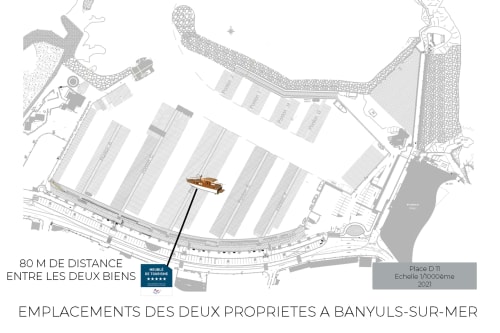 Aerial map showing two properties placement in Banyuls-sur-Mer with 80m distance between them, scale 1/10000ème 2021