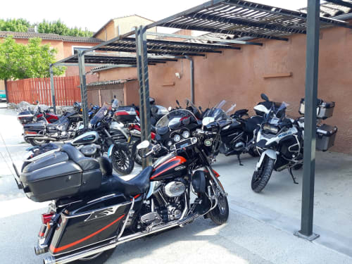 motorcycle parking,  B&B, Bed and Breakfast, Couleurs du Sud, Vallon-Pont-d'Arc, Ardèche, Auvergne-Rhône-Alpes, France, Holidays