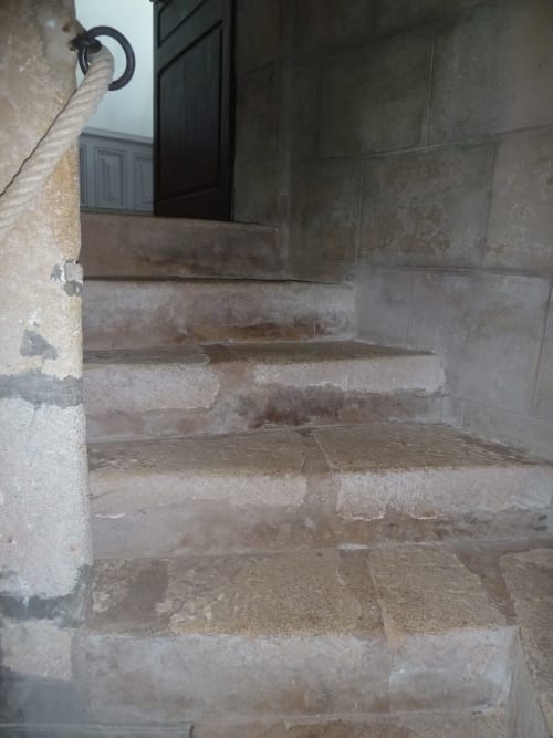 Escalera de piedra rústica con barandilla de cuerda en el Château De Clusors, Saint-Menoux