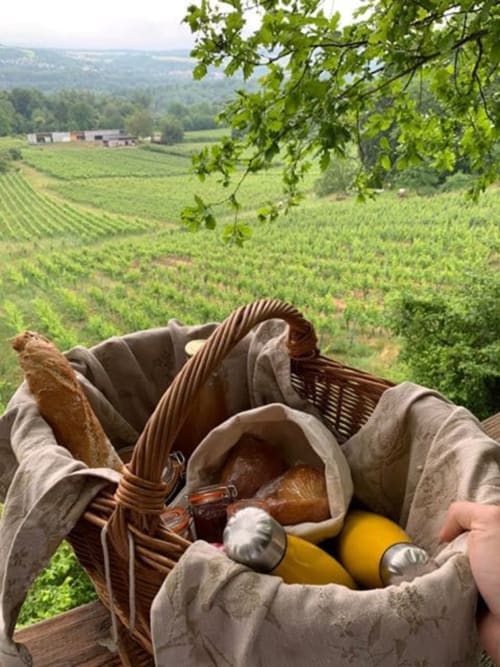 Panier petit déjeuner posé sur la terrasse de la cabane avec vue sur la vigne du domaine les béliers - petit déjeuner fait maison 