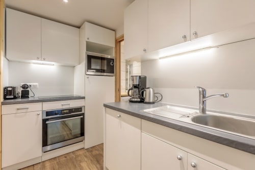 Cuisine moderne équipée de l'appartement ski à Bourg-Saint-Maurice avec armoires blanches, évier inox et plaque induction