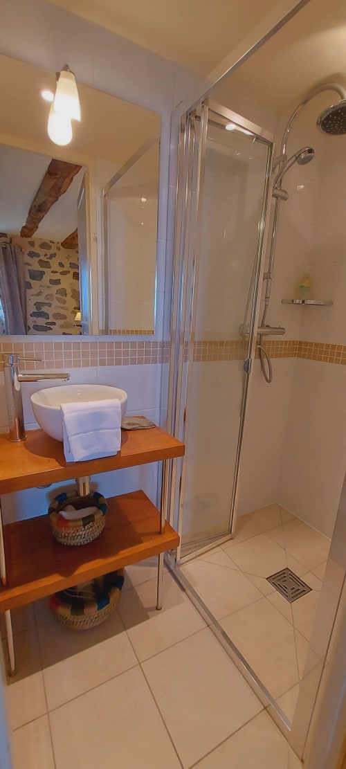 Salle de bain moderne de la Chambre Cocon au Mas De Rigoulac avec meuble vasque en bois, lavabo rond et douche à l'italienne vitrée