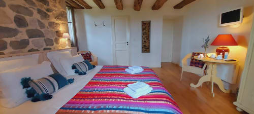 Chambre double spacieuse au Mas De Rigoulac avec literie colorée, poutres apparentes et vue sur le jardin