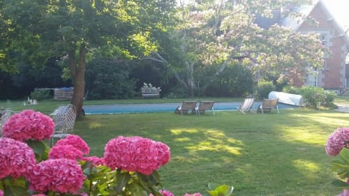 Hortensias roses encadrant un jardin ensoleillé avec chaises longues et piscine au Petit Manoir de Kériolet à Concarneau