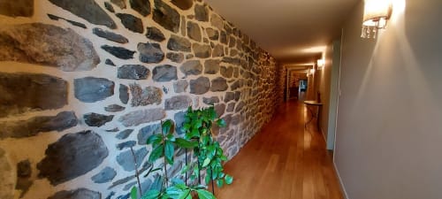 Couloir en pierre avec plancher en bois et plante en pot à Le Mas De Rigoulac, Argences-en-Aubrac