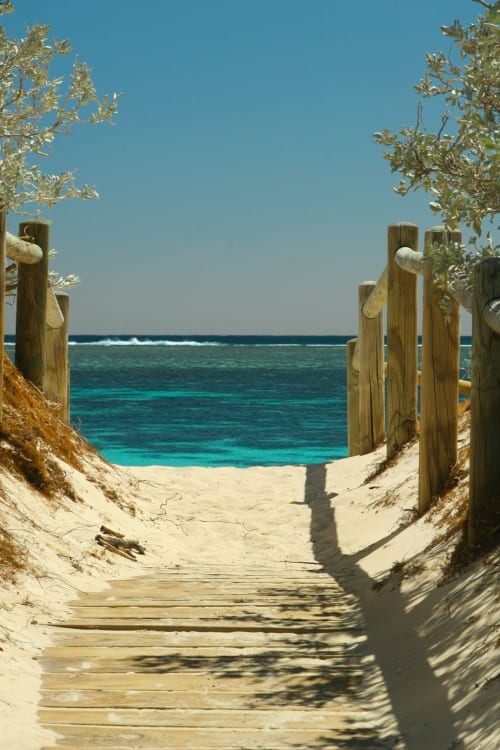 Entrée sur la plage, vue mer, Guadeloupe. 