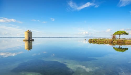 Paesaggio sereno della laguna presso Pescia Romana con storica torre in pietra e isola alberata riflessa nelle acque calme