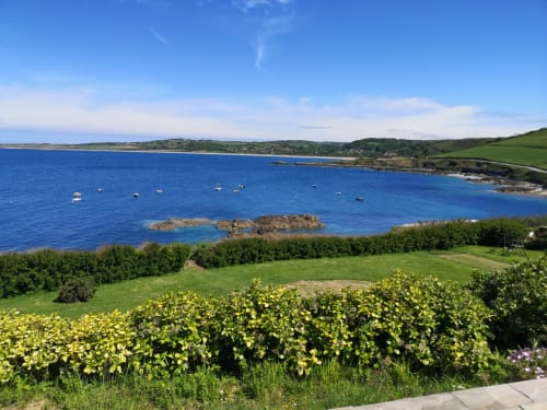 Coastal bay view with moored boats, green cliffs, and yellow wildflowers at Au Gite d'Isigny, Normandy