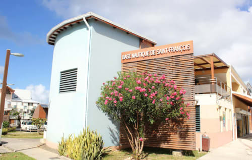 Studio Face Marina, base nautique à Saint-François, Guadeloupe avec arbre aux fleurs roses et signalétique en bois