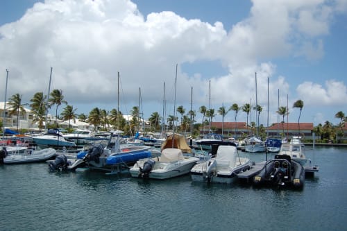 Voiliers et bateaux à moteur amarrés à la marina Studio Face à Saint-François, Guadeloupe, avec palmiers et ciel bleu