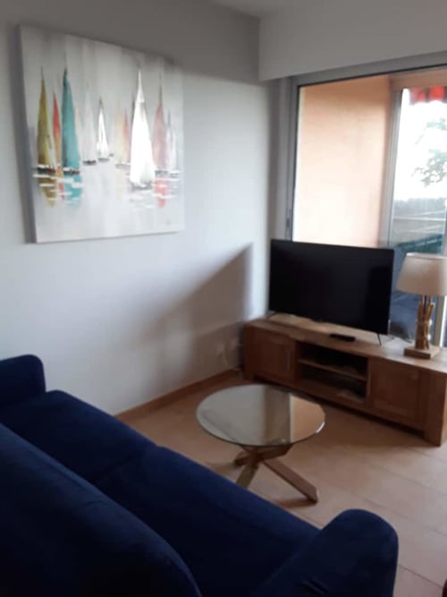 Salon moderne à Ajaccio avec vue mer, canapé bleu marine, télévision écran plat, table basse ronde en verre et tableau de bateau à voiles