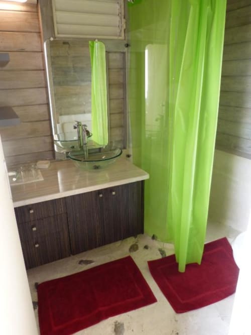 Baño luminoso con cortina de ducha verde lima, tocador oscuro y tapetes de baño borgoña en Le Bougainvillier Blanc, Pointe Noire