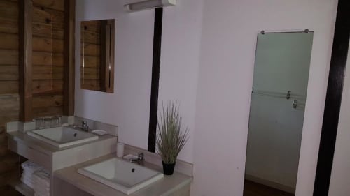Modern shared bathroom at Le Bougainvillier Blanc cottage in Pointe Noire with dual sinks, mirror, and decorative plant