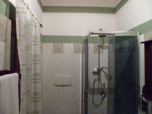 Moderno bagno con doccia aperta, box in vetro e pareti verde salvia presso Podere Oca Bianca B&B a Pescia Romana