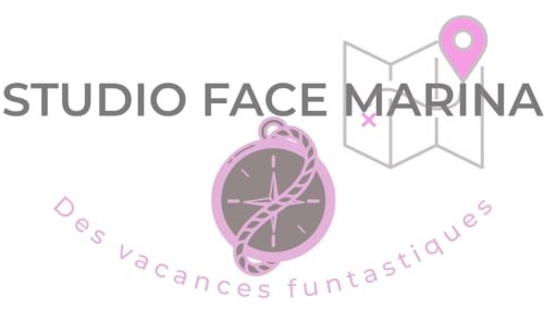 Logo Studio Face Marina avec épingle de localisation, boussole et slogan « Des vacances funtastiques » à Saint-François