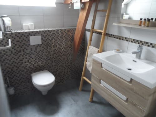 Salle de bain moderne de la chambre L'Anis au gîte CafecouetBreizh : toilettes blanches, double vasque et carrelage mosaïque foncé
