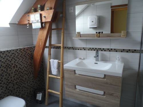 Salle de bain moderne de la chambre L'Anis au CafecouetBreizh B&B, Guipry-Messac, avec lavabo blanc, meuble en bois et échelle décorative