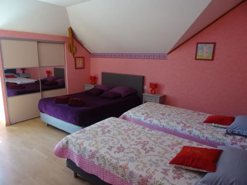 La chambre La Pepsie du B&B CafecouetBreizh à Guipry-Messac avec murs roses, lits jumeaux et armoire miroir